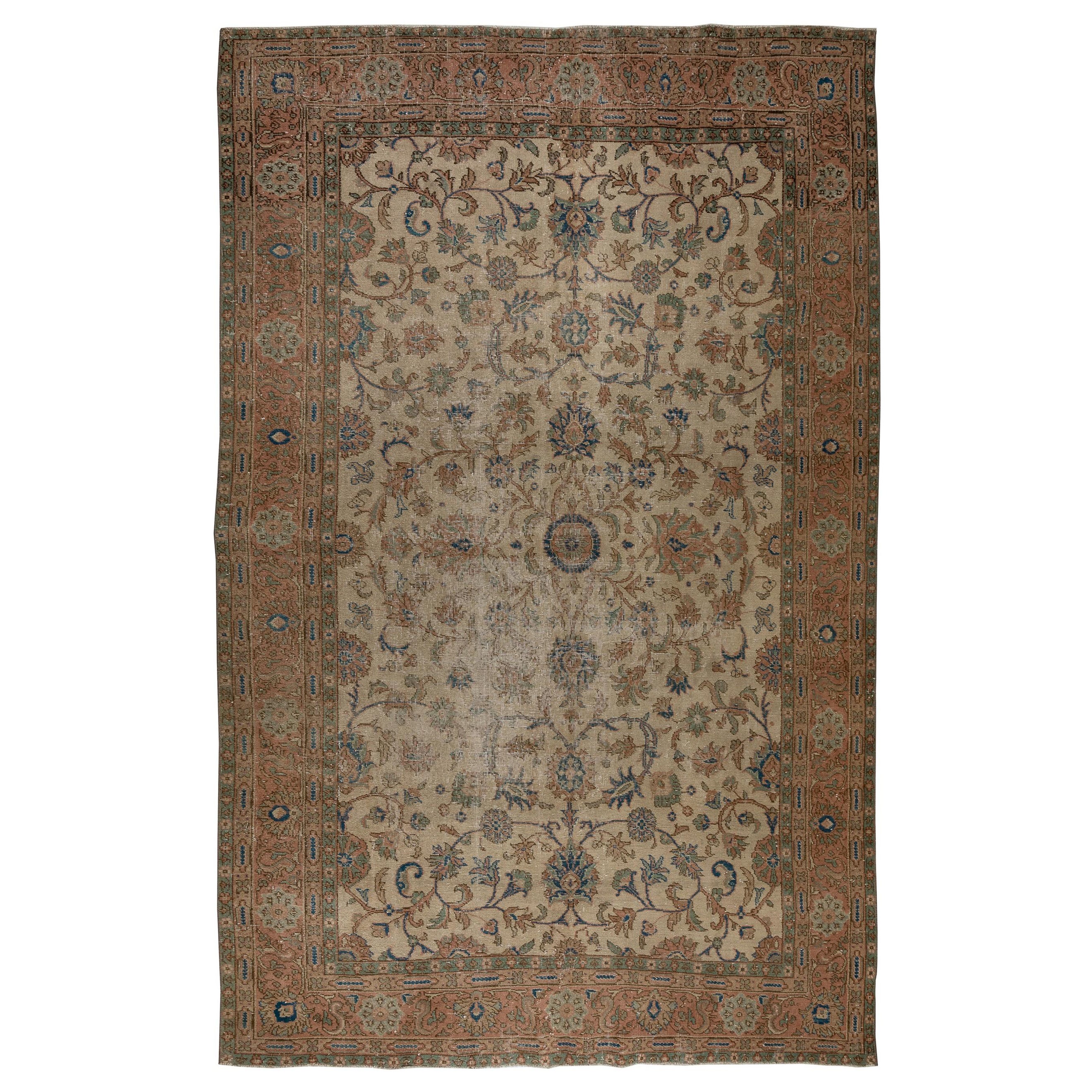 7x10.5 Ft Midcentury Handmade Oushak Area Rug in Beige with Floral Design For Sale