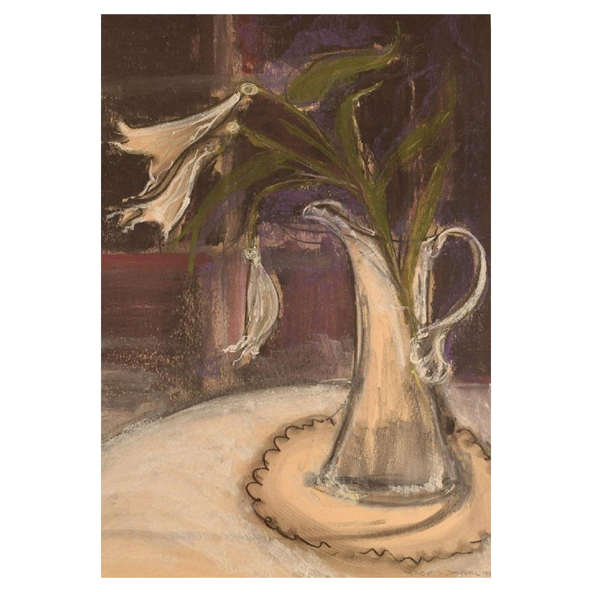 Kerstin Jönsson, Sweden, Pastel on Paper, "Lilies in a Jug" For Sale