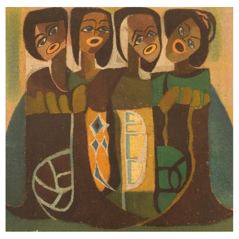 Scandinavian Artist, Oil on Textile, Singing Women, Mid-20th Century