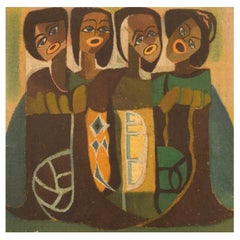 Scandinavian Artist, Oil on Textile, Singing Women, Mid-20th Century