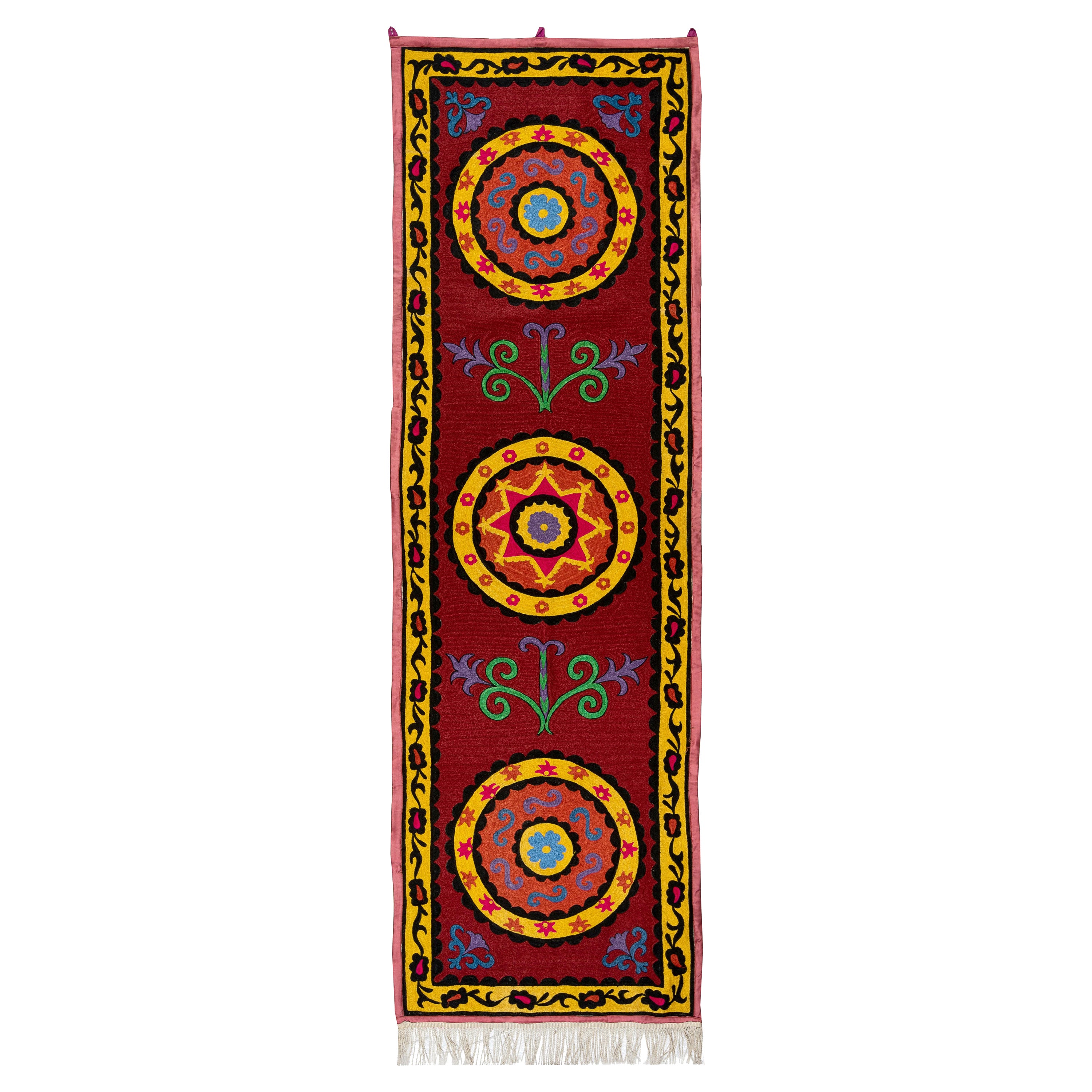 2.3x7.4 Ft Uzbek Suzani Wall Hanging, Handmade Silk Embroidery Table Runner For Sale