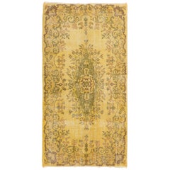 3.8x7.2 Ft Hand-knotted Wool Floral Medallion Rug. Vintage Turkish Yellow Carpet