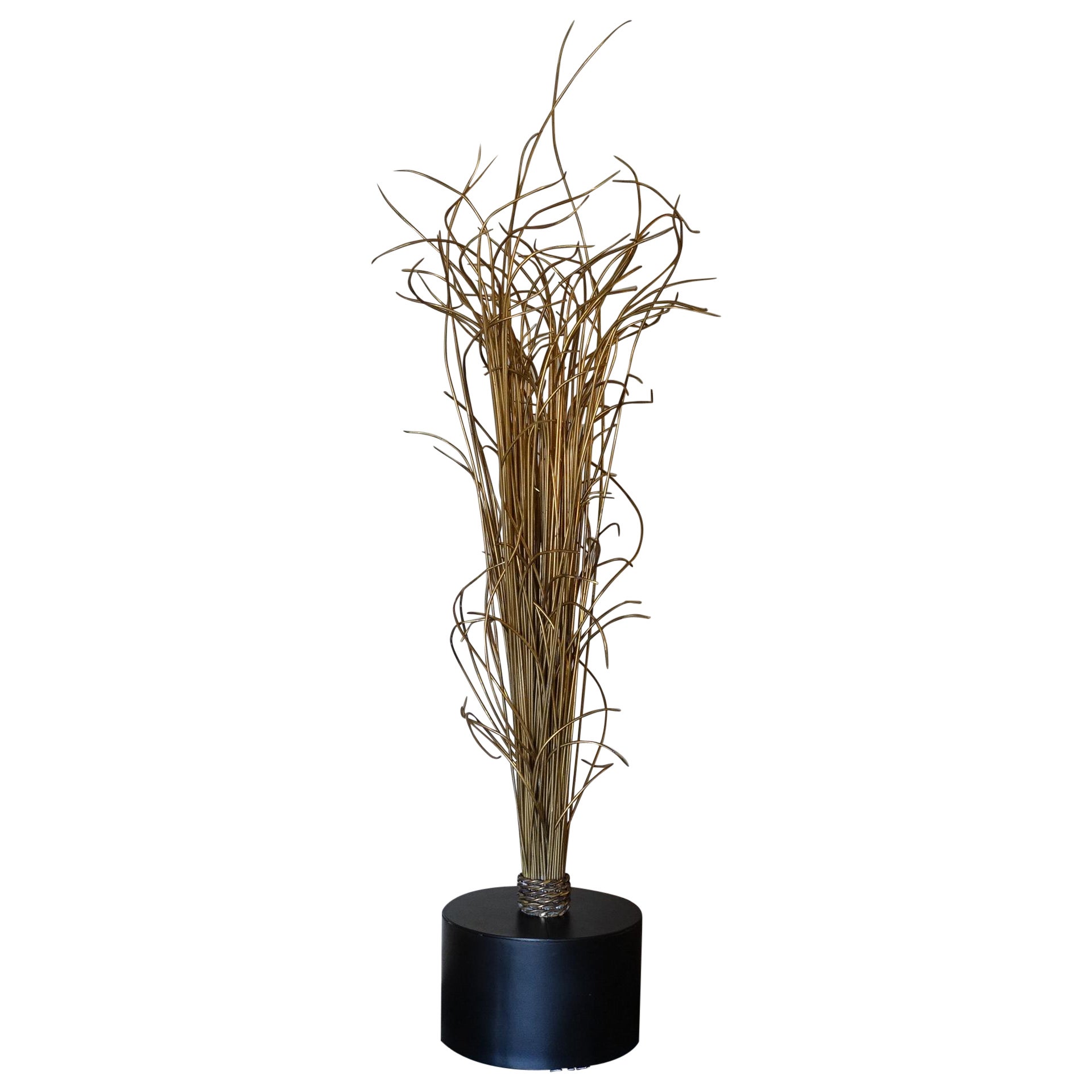 Natural Brass Wire Abstract Sculpture, Black Steel Base, Italy, 1970's Circa