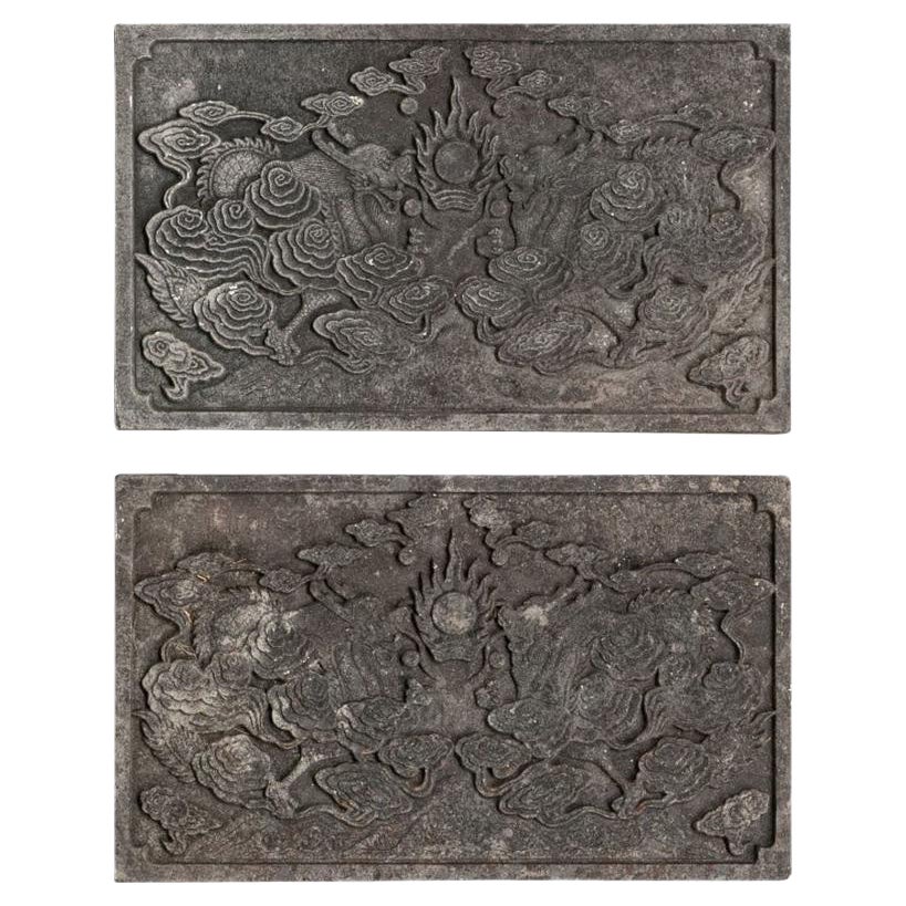 Antique Pair Of Chinese Carved Stone Garden Panels With Dragons