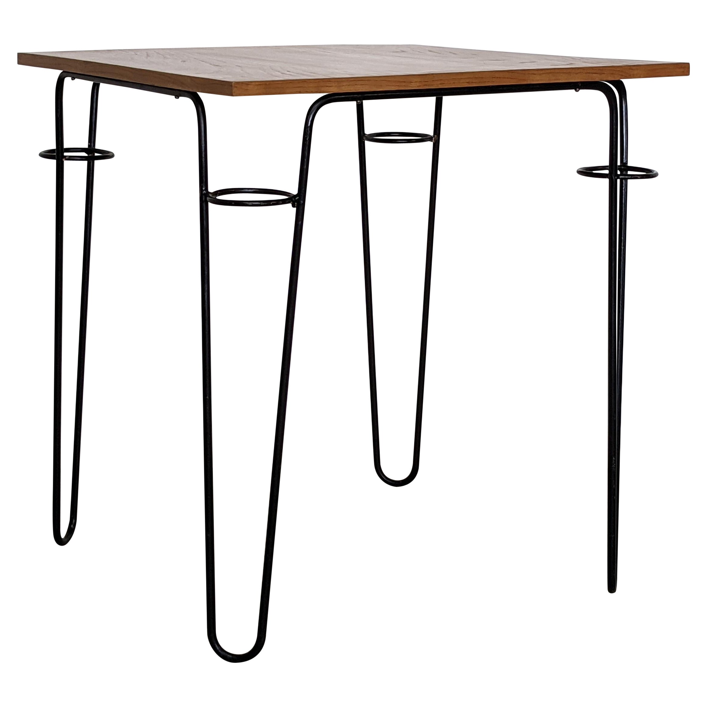 Raoul Guys Square Table in Lacquered Metal and Ash Wood Veneer, France 1950s For Sale