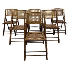 Vintage British Colonial Style Folding Bamboo and Rattan Wood Safari Chairs, Set of Six