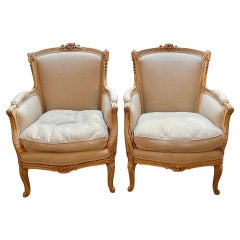 Antique Pair of 19th Century French Carved and Bleached Oak Armchairs