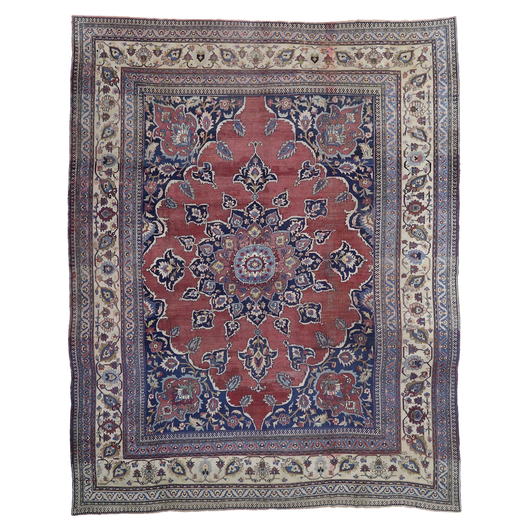 Distressed Antique Persian Mashhad Rug with Modern Rustic Style For Sale