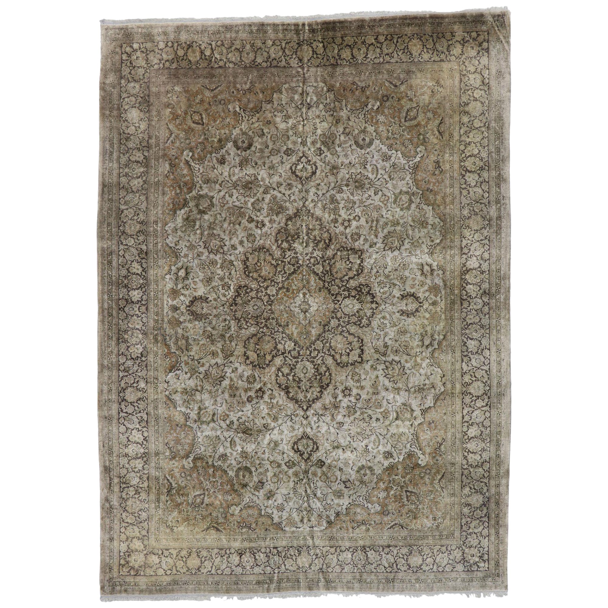 Vintage Persian Silk Qum Rug with European Romance Style in Soft Colors