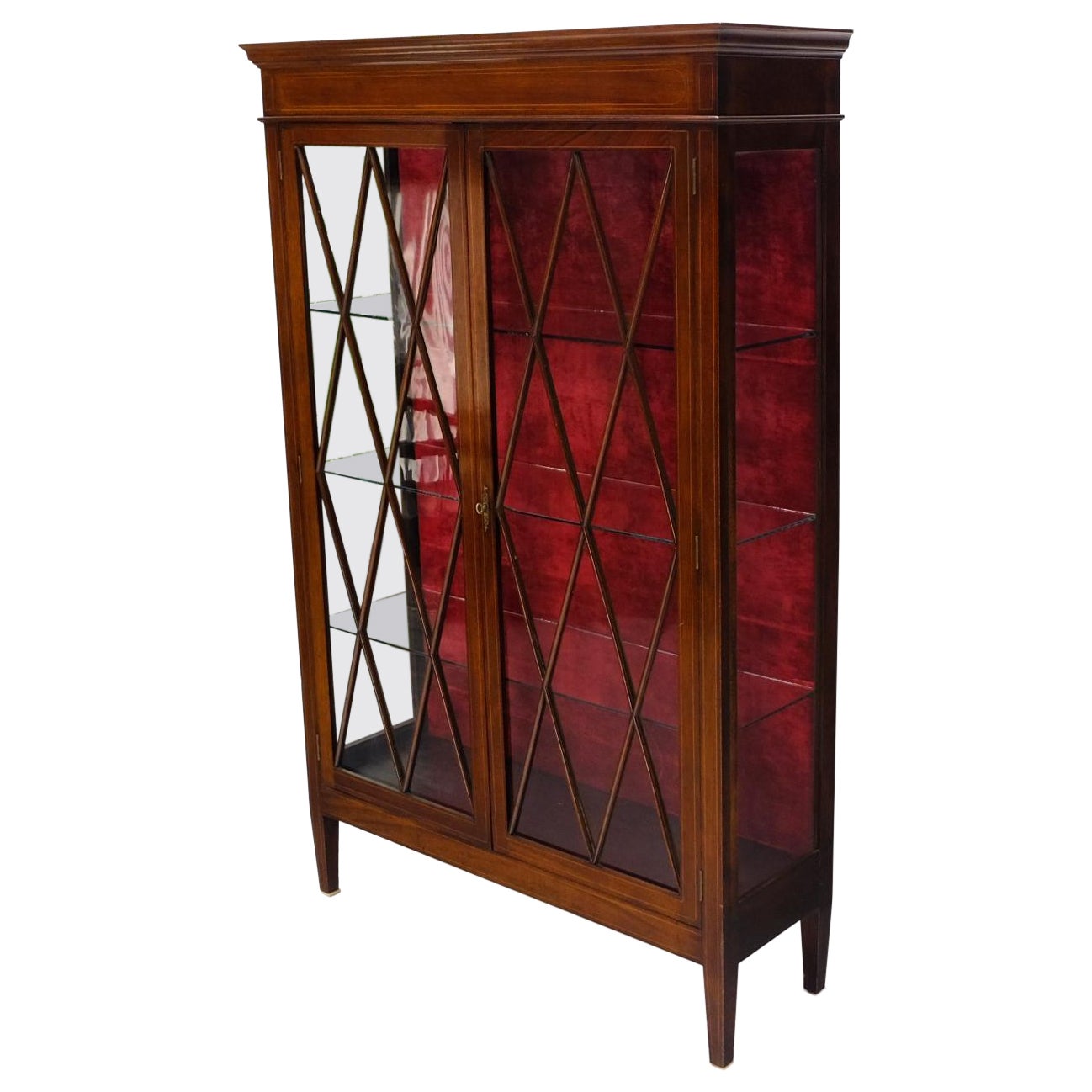 Individual Glass Pane Double Doors Pencil Inlay Flame Mahogany Show Case For Sale