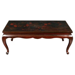 Antique Chinoiserie Lacquered Low Coffee Table with Red Flower Detail