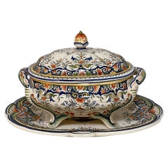 19th Century French Faience Hand-Painted Soup Tureen with Platter