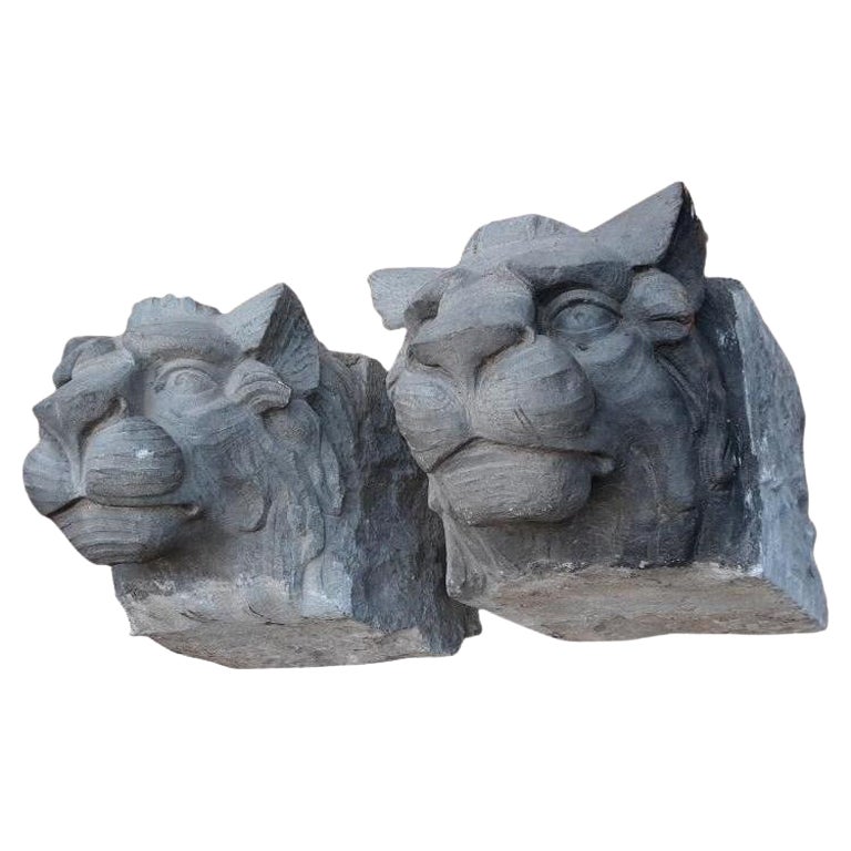 Pair of Hand Carved Stone Architectural Lion Heads