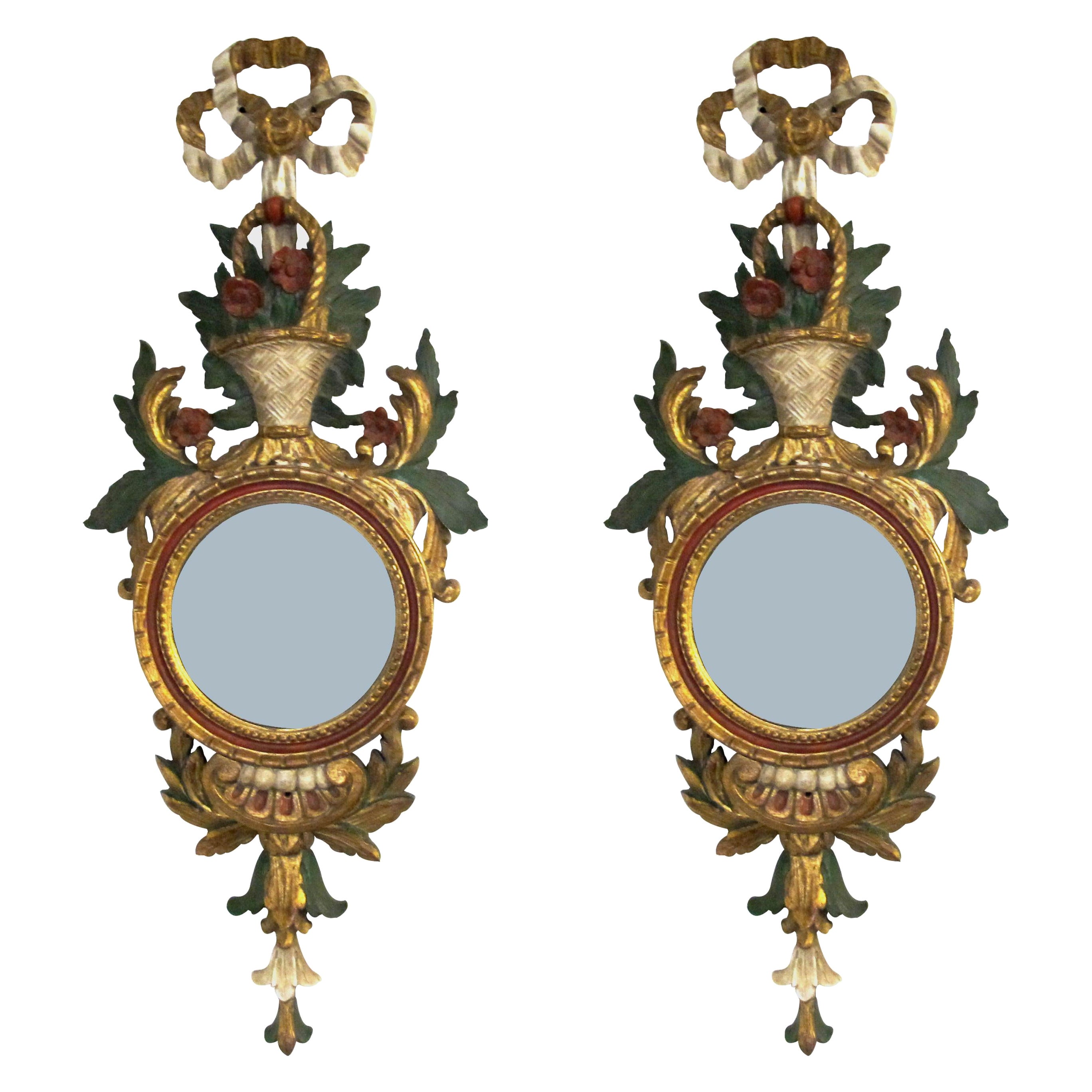 Pair of 1950s Decorative Italian Firenze Giltwood Convex Mirrored Wall Sconces