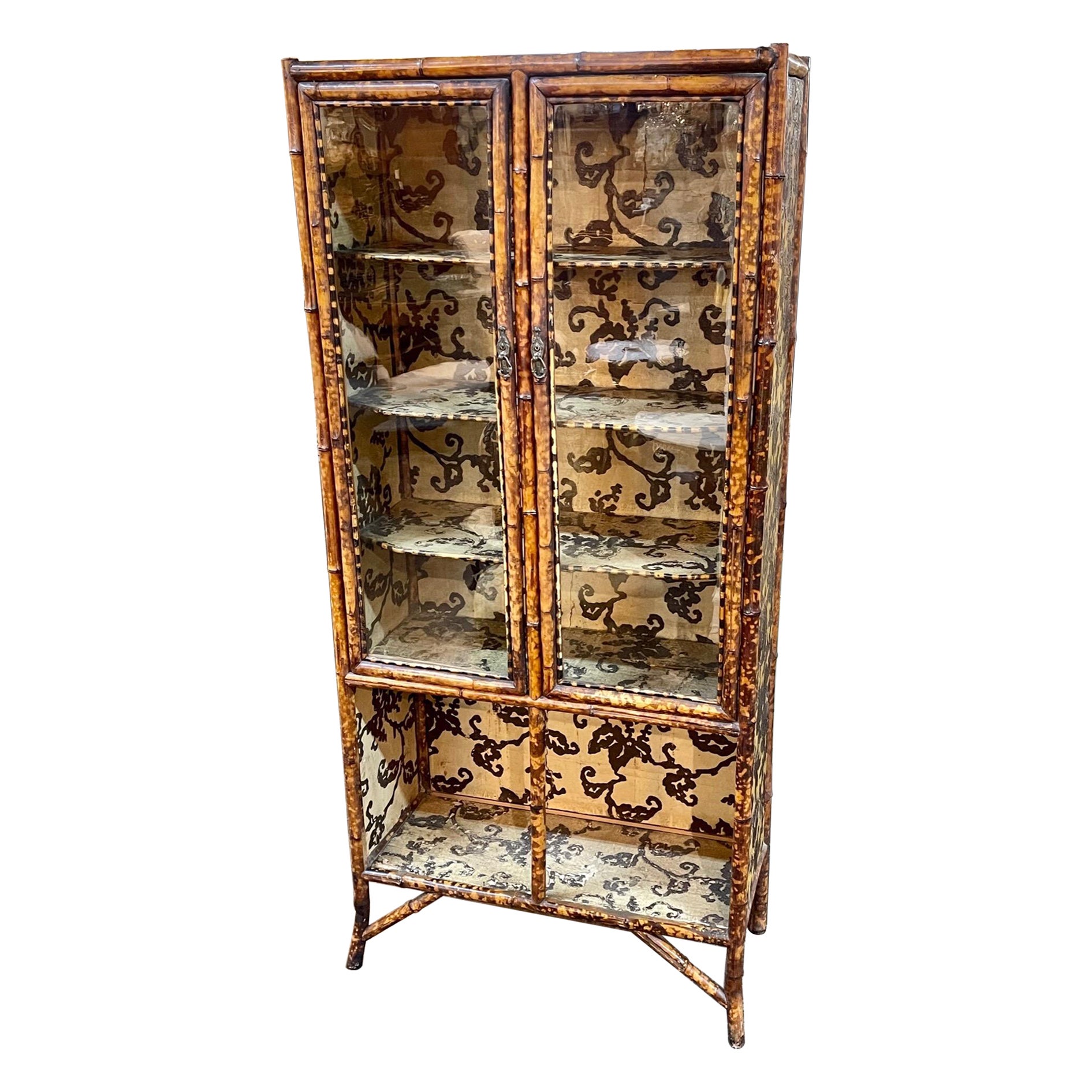 English Bamboo and Tortoise Style Cabinet with Embossed Leather