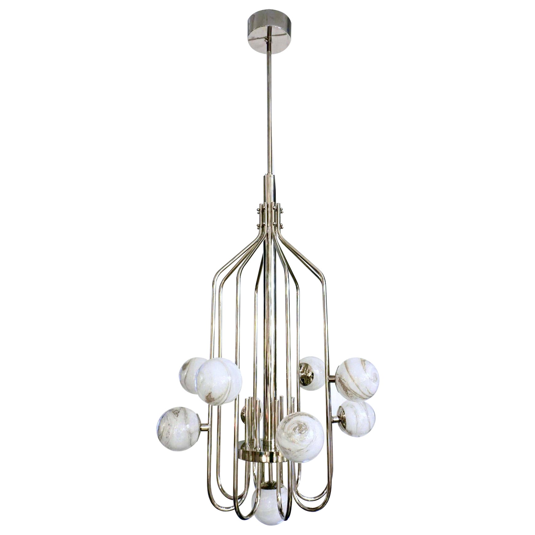 Bespoke Italian Alabaster White Murano Glass Nickel Curved Globe Chandelier For Sale