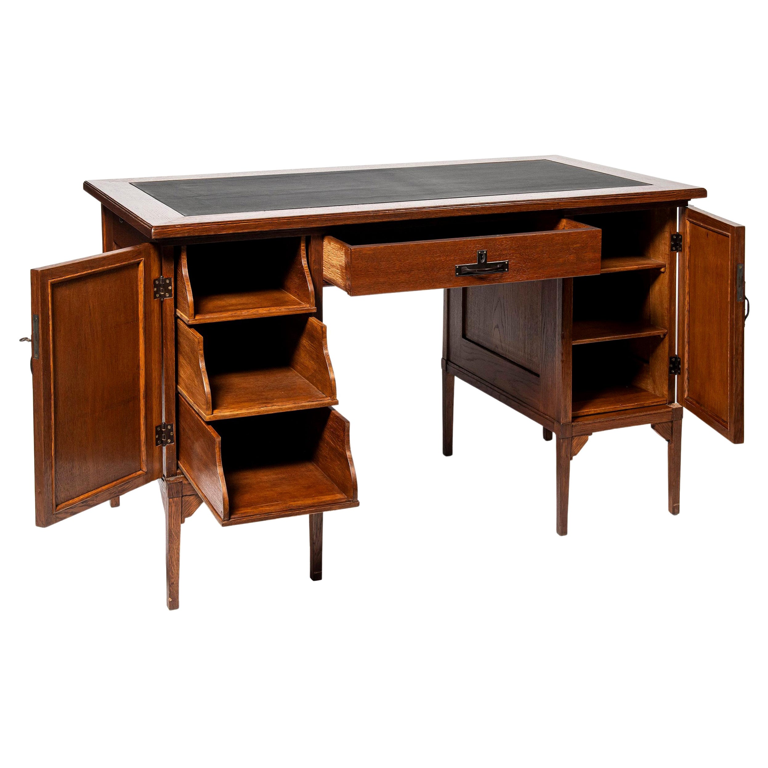 Oak Wood, Iron and Leather Desk, Scotland, Early 20th Century