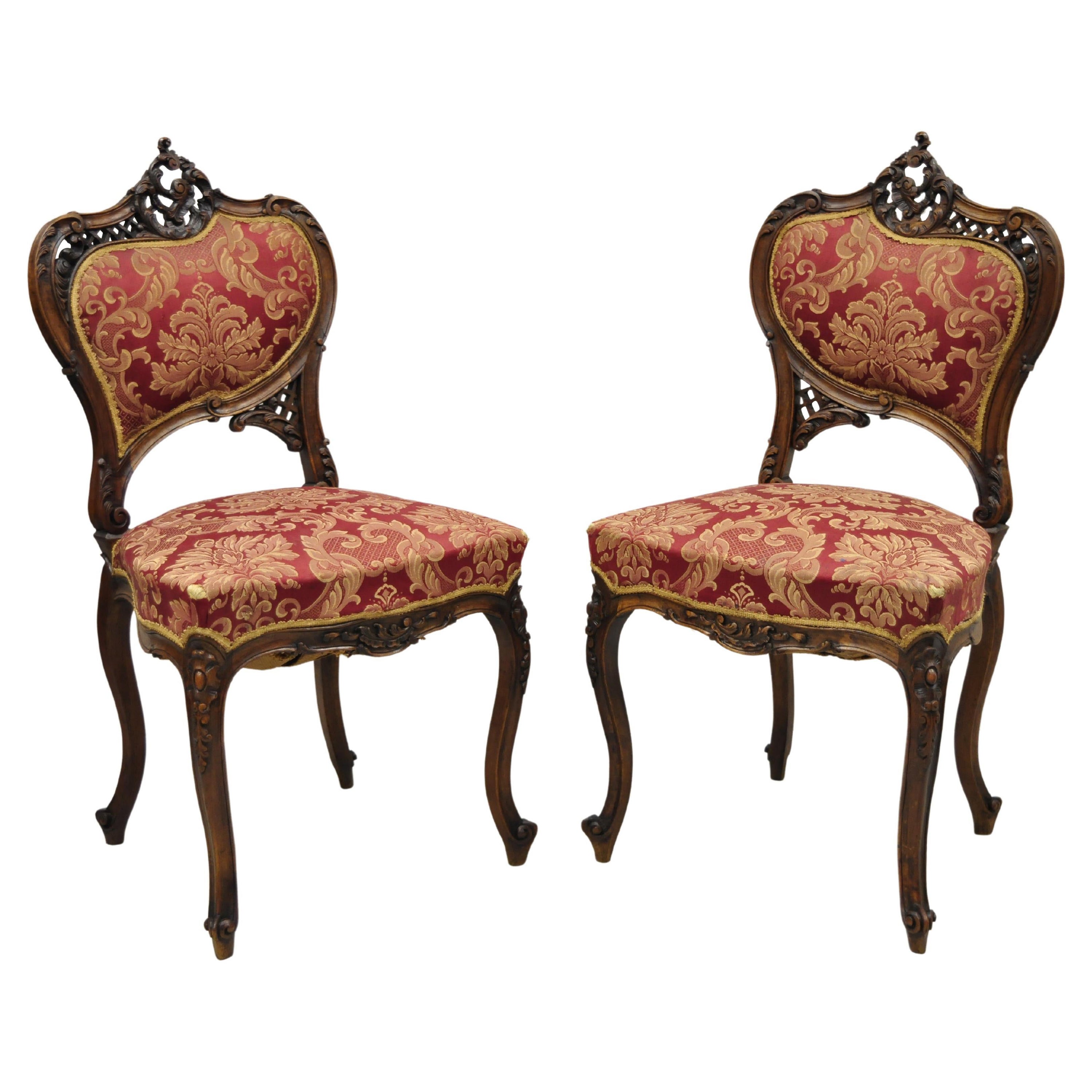Antique Victorian French Carved Mahogany Parlor Accent Side Chairs, a Pair