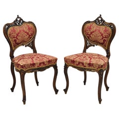 Antique Victorian French Carved Mahogany Parlor Accent Side Chairs, a Pair