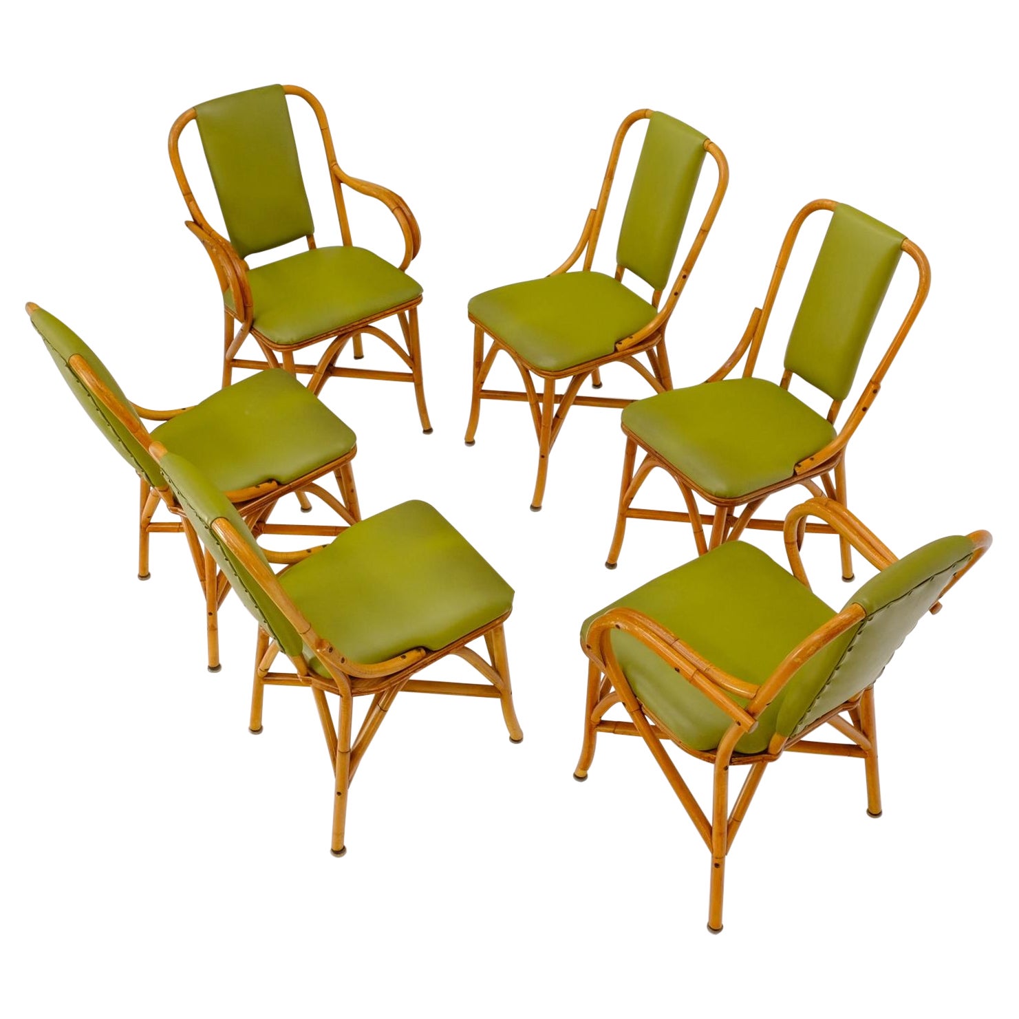 Set of 6 Vintage Rattan Bamboo Dining Chairs w/ Green Upholstery For Sale
