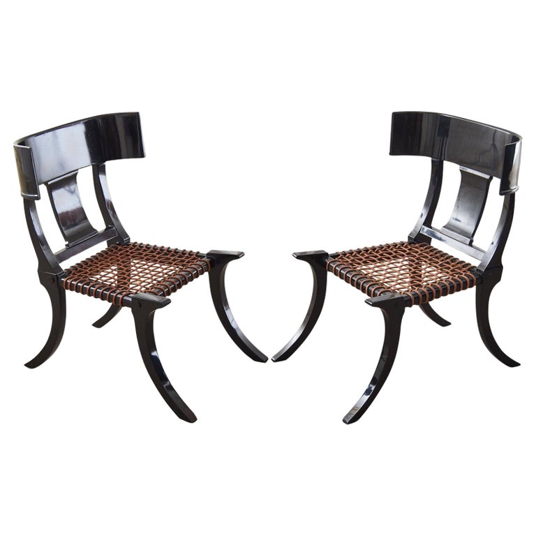 After Robsjohn-Gibbings Pair of Ebonized-Leather and Rope Klismos Chairs, 20th Century