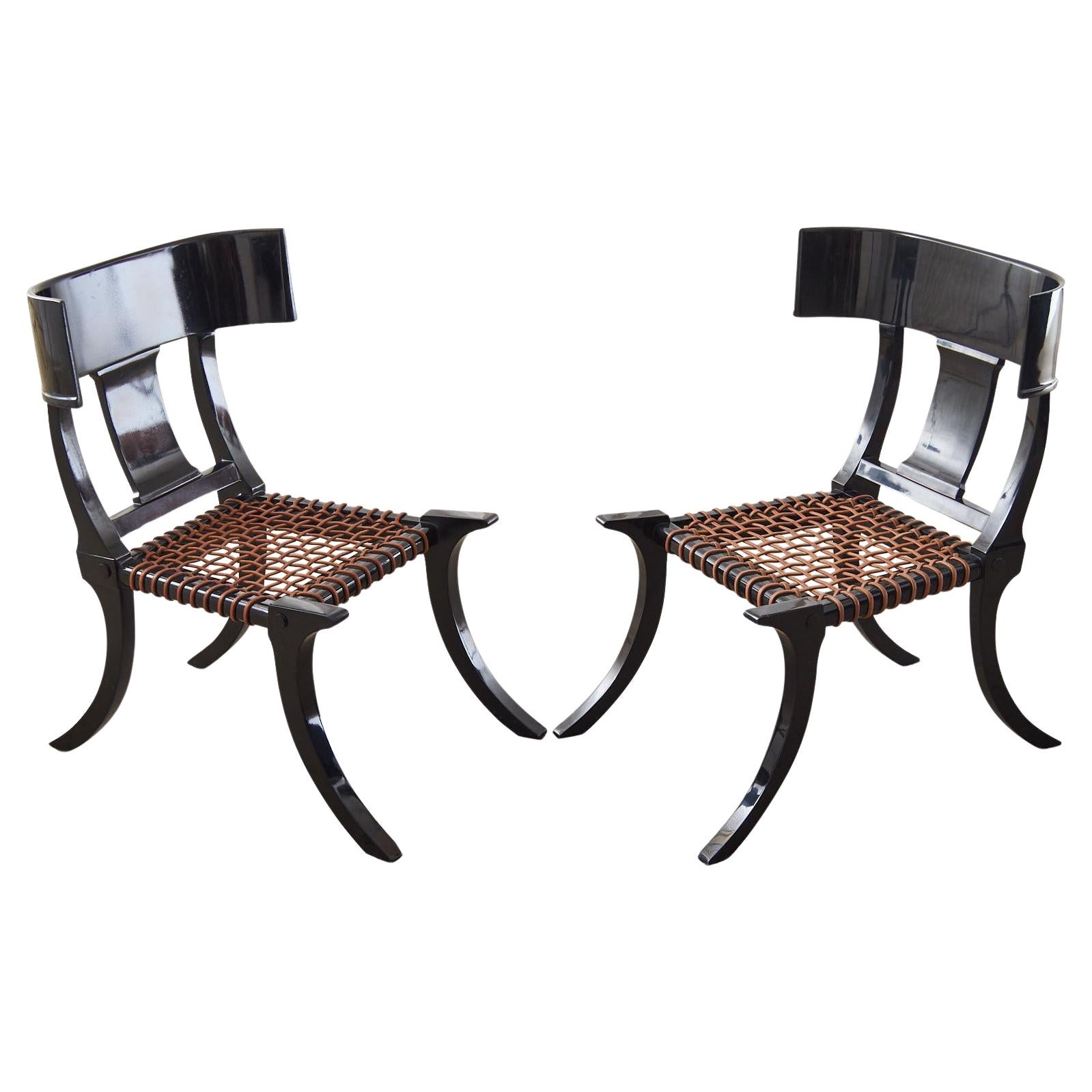 Pair of Ebonized Leather Rope Klismos Chairs After Robsjohn-Gibbings For Sale