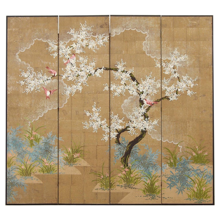 Robert Crowder Chinoiserie Four Panel Screen Flora and Fauna For Sale