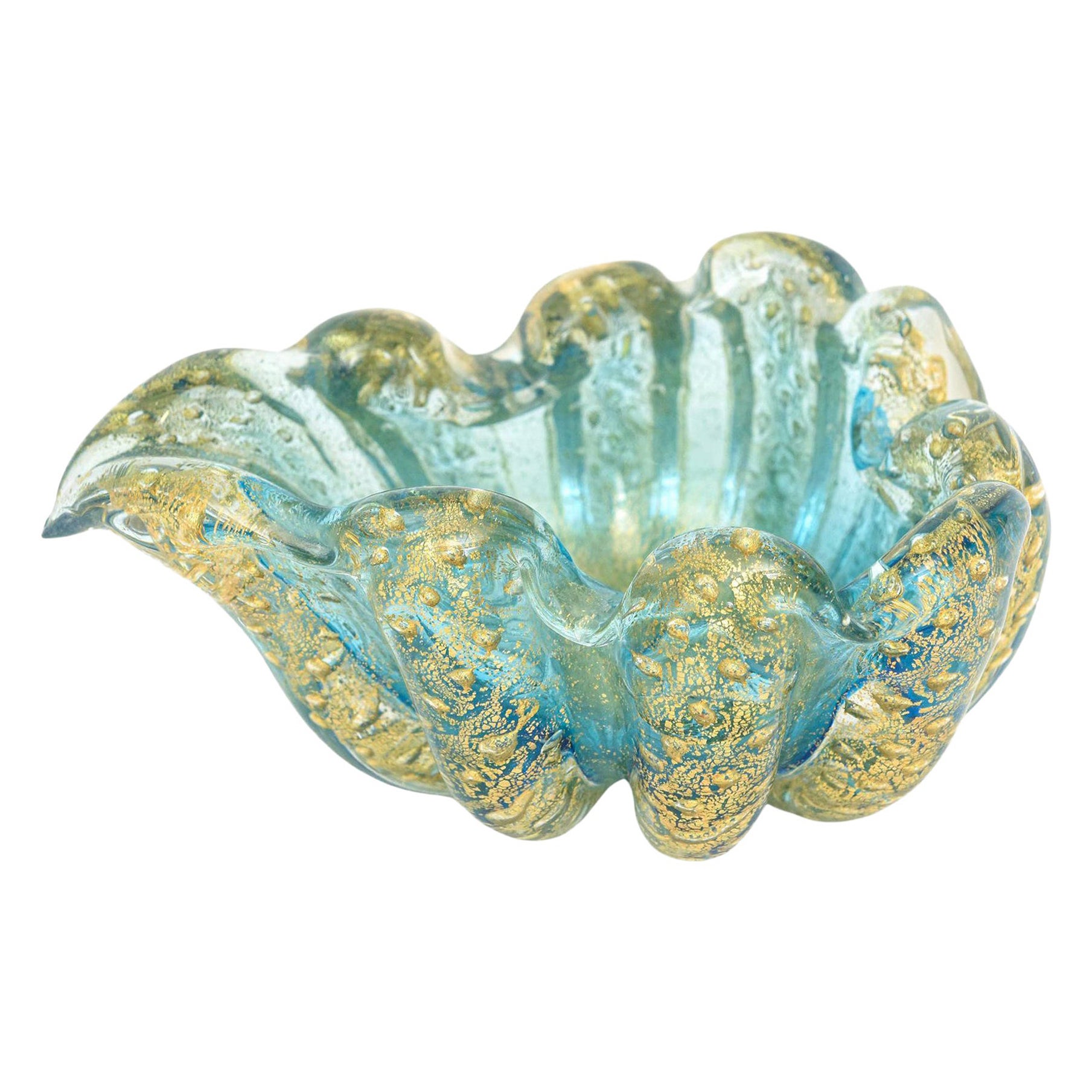 Barovier e Toso Murano Cordonato D' Oro Sea Mist Turquoise and Gold Glass Bowl For Sale