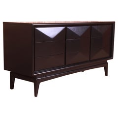 Mid-Century Modern Black Lacquered Diamond Front Dresser or Credenza by United