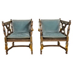 Vintage Mediterranean Spanish Revival Pair Ceruse Chairs Rush Seats Blue Loose Cushions