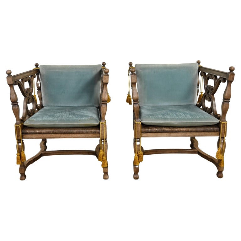 Mediterranean Spanish Revival Pair Ceruse Chairs Rush Seats Blue Loose  Cushions For Sale at 1stDibs