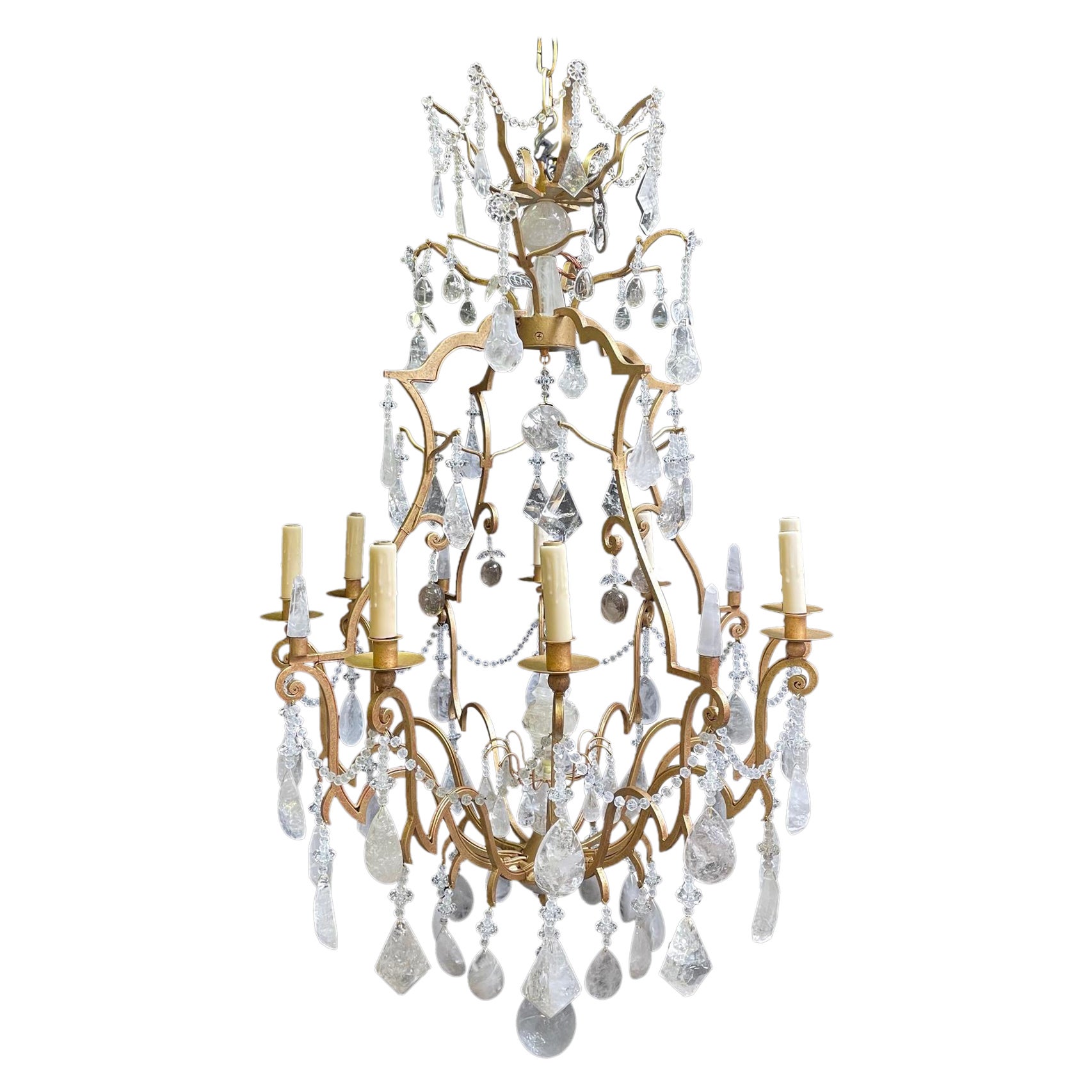 Rock Crystal 8 Light Gilt Chandelier, Louis XV Style For Sale