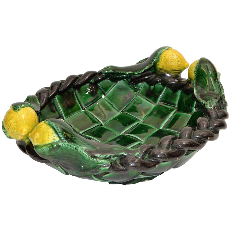 Marked Vallauris France Ceramic Lemon Basket Green & Yellow Mid-Century Modern For Sale