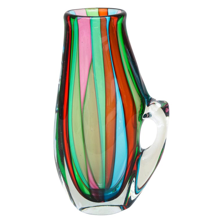 Italian Murano Striped Turquoise, Green, Pink, Red, Clear Signed Glass Pitcher For Sale
