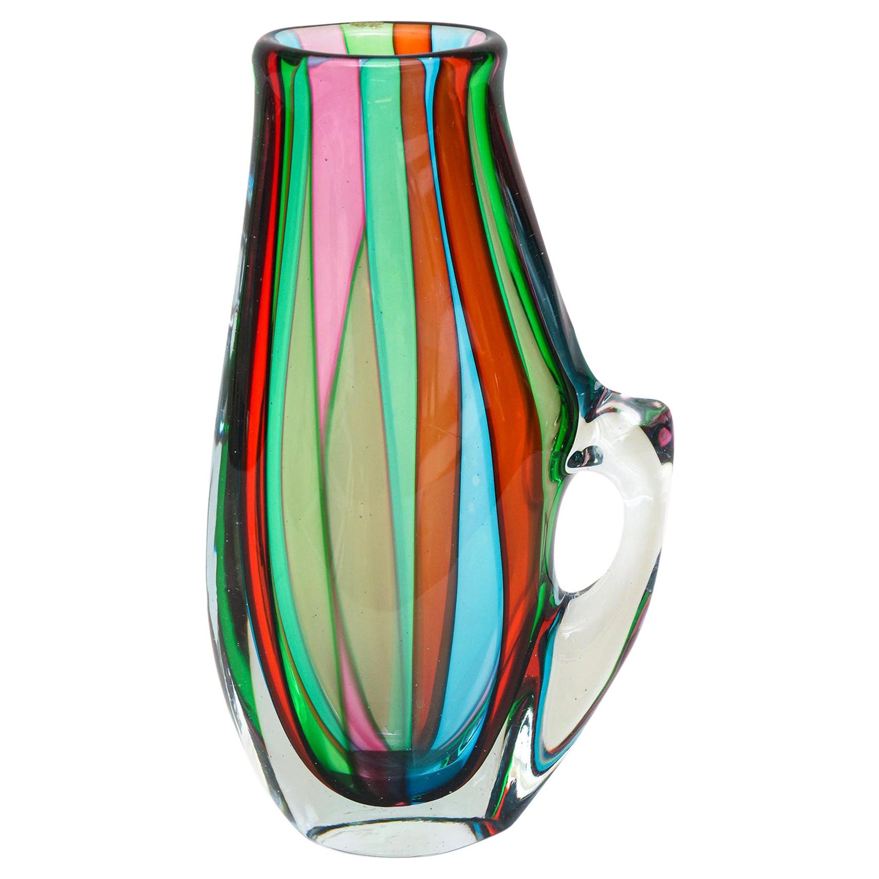 Italian Murano Vintage Turquoise, Green, Pink, Red, Clear Signed Glass Pitcher