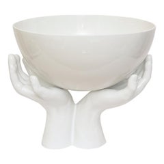 Italian White Ceramic 2 Part Monumental Hands and Bowl Sculpture Vintage