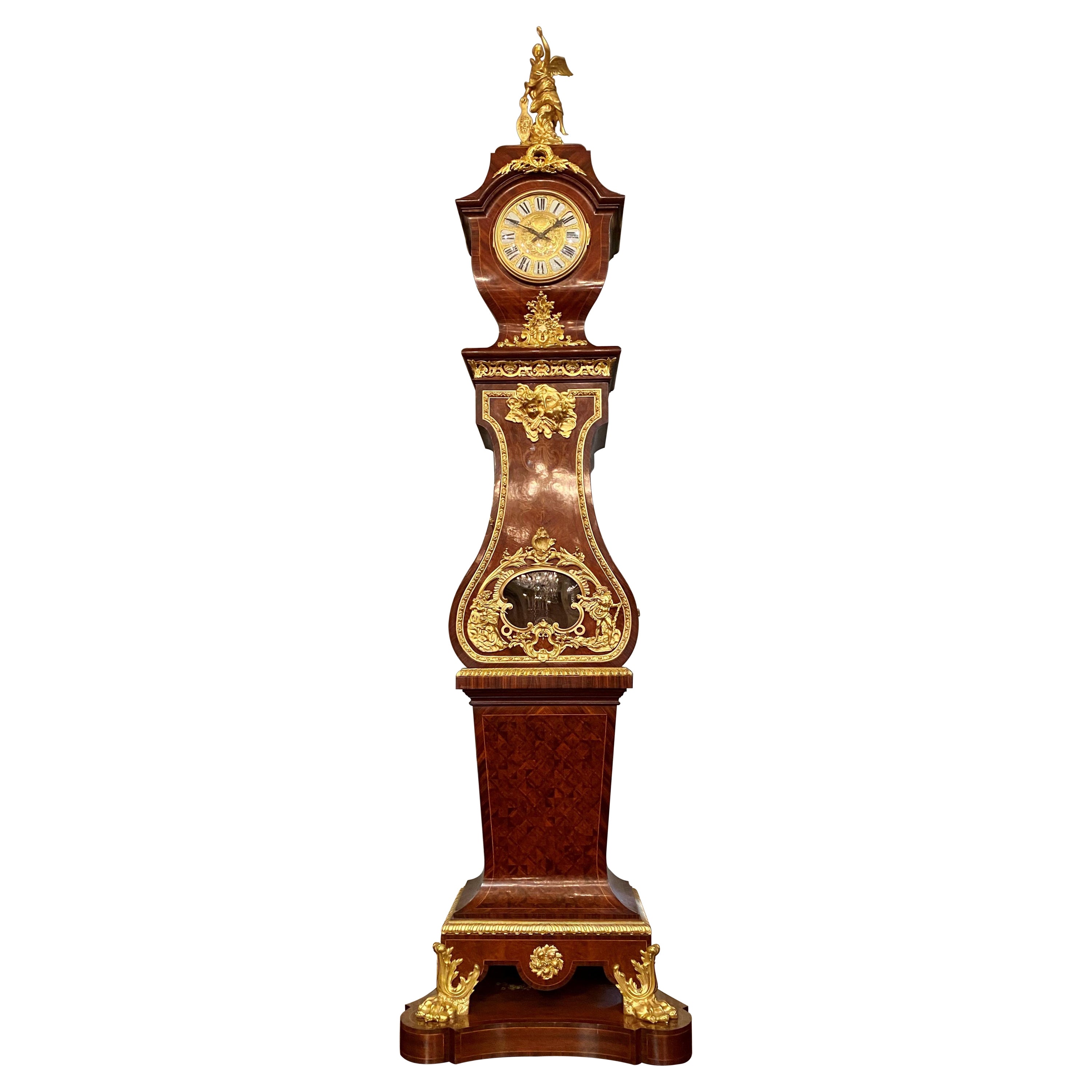 Ancienne horloge de grand-père française Napoléon III en acajou montée en bronze doré, circa 1880