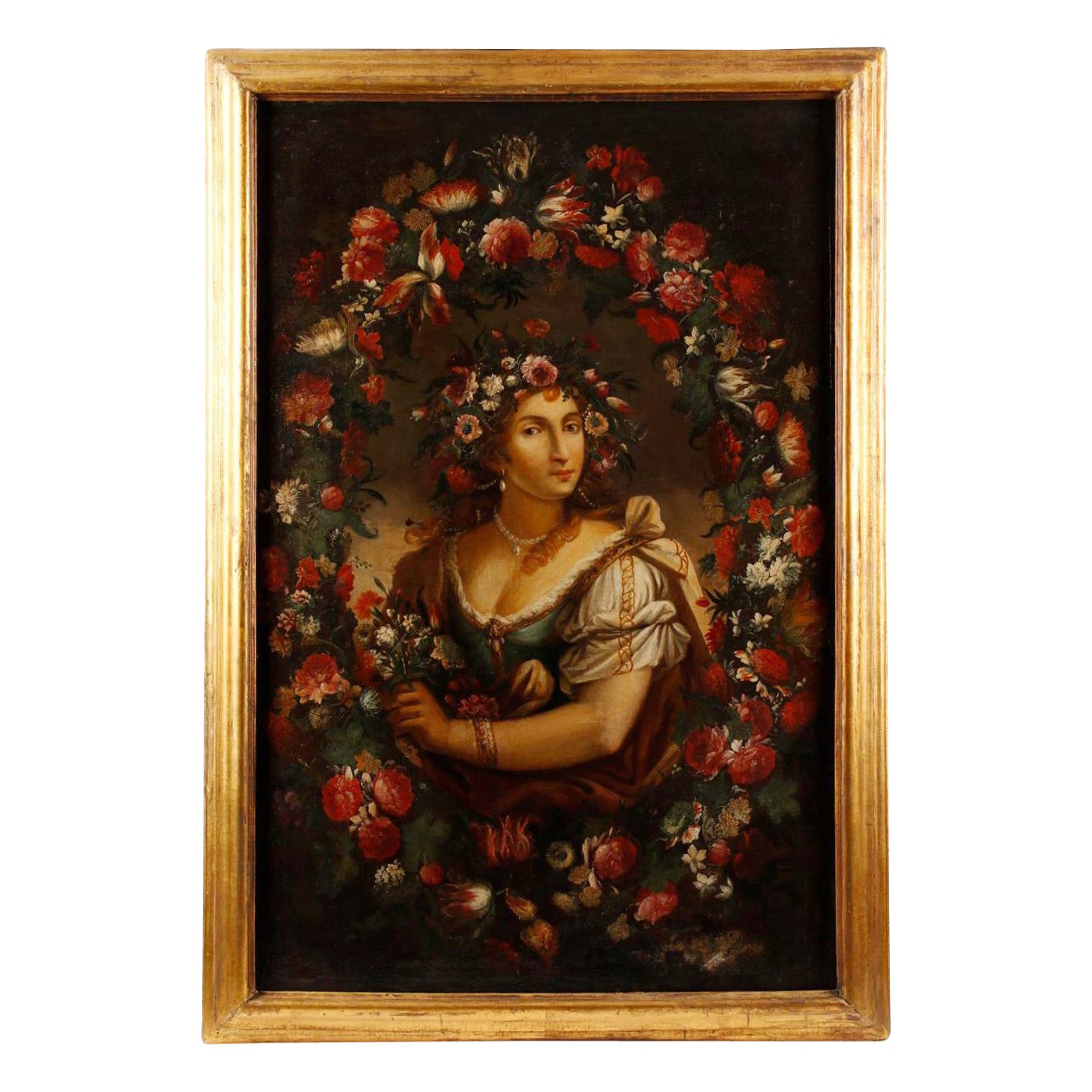 Spanish Oil on Canvas Painting Portrait of a Lady with Flowers, 19th Century