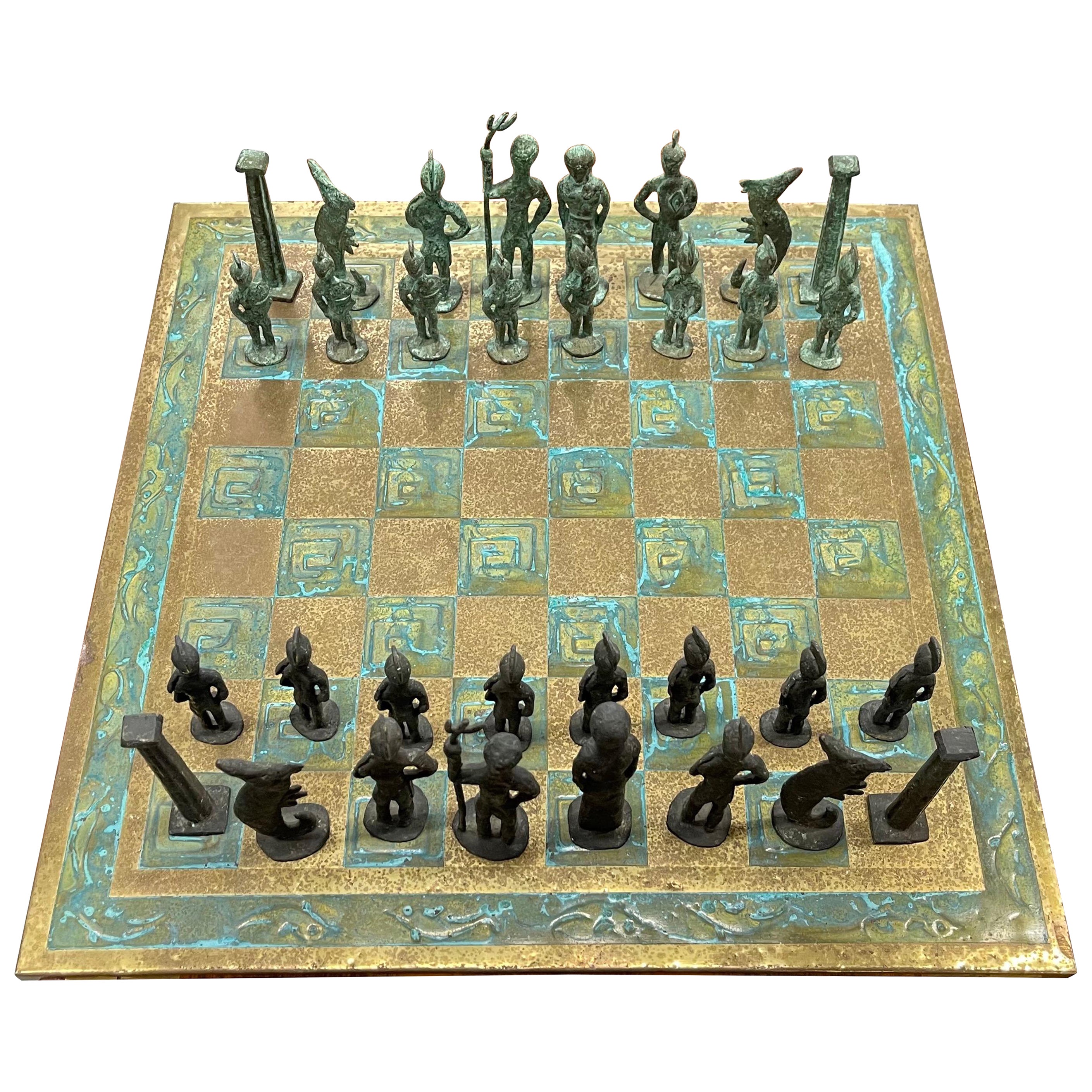 Brutalist 1960's Bronze Chess Set