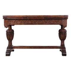 Antique English Solid Oak 17th Century Style, Carved, Draw-Leaf Table