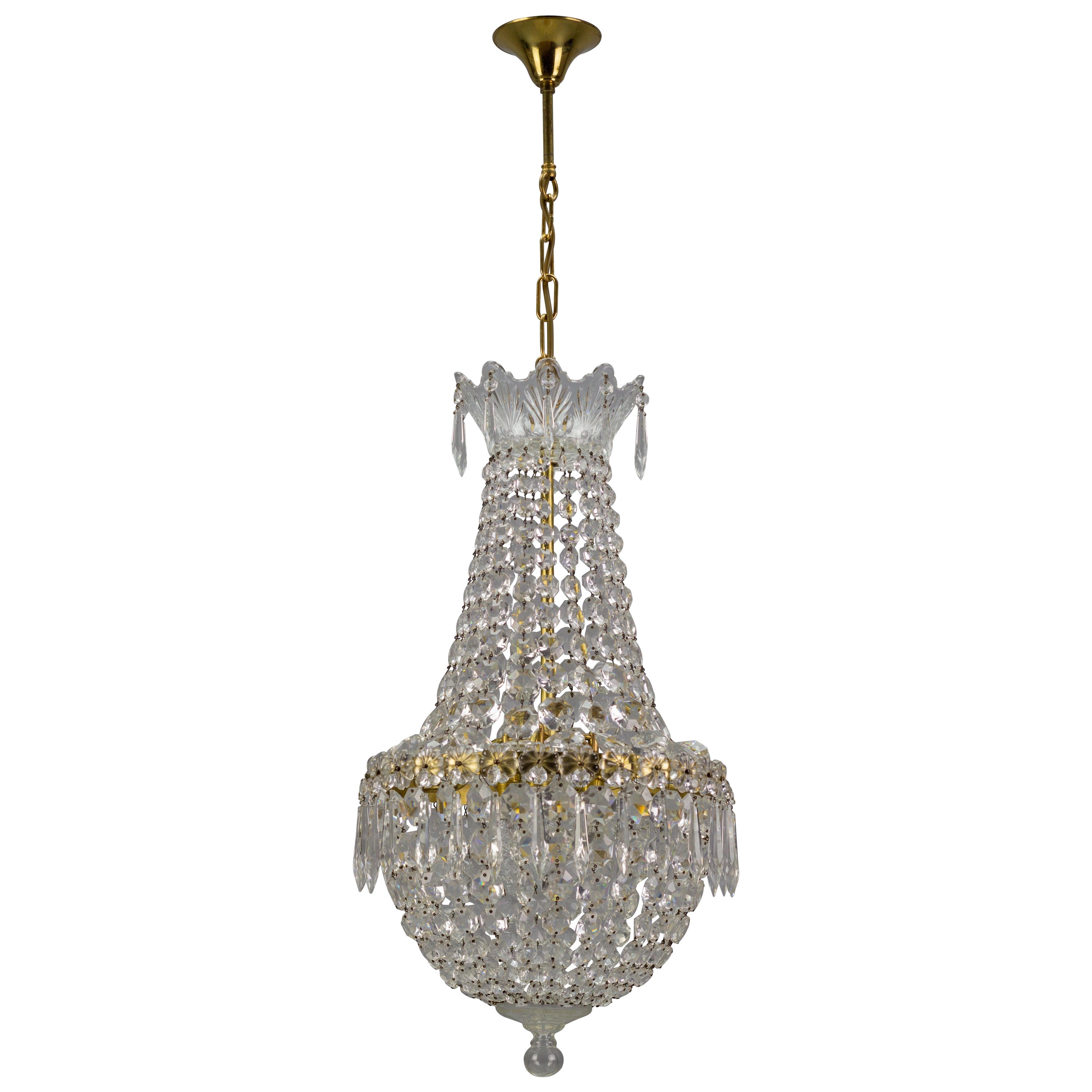 French Crystal Glass and Brass Three-Light Basket Chandelier