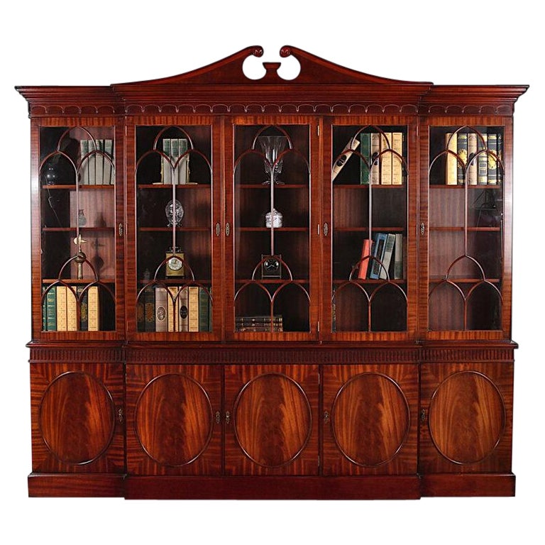 Vintage English Mahogany Georgian-Revival Breakfront Bookcase