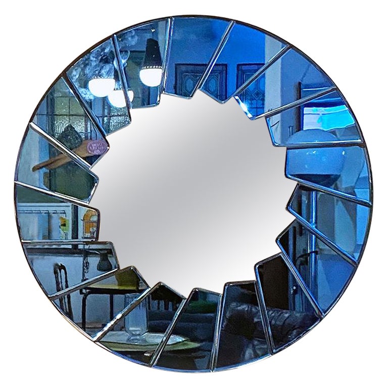 Italian Mid-Century Modern Blue Round Mirror with Glass Frame, 1960s For Sale