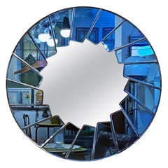 Italian Mid-Century Modern Blue Round Mirror with Glass Frame, 1960s