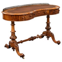 Antique 19th Century English Victorian Burr Walnut Kidney Shaped Desk