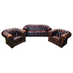 Original Chesterfield Set Three-Seat Sofa and 2 Armchairs Oxblood by Centurion