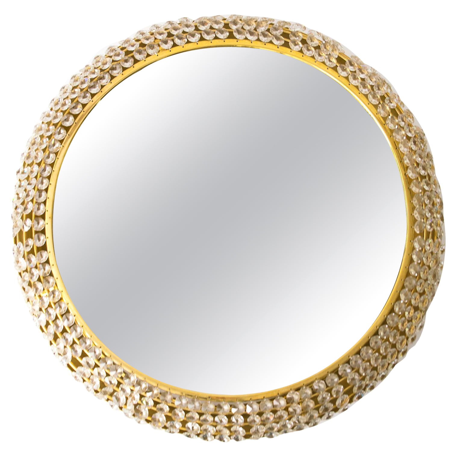  Palwa Gilded Brass Round Midcentury Modern Mirror Decorated with Crystals