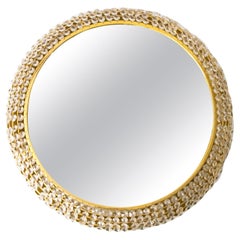 Retro  Palwa Gilded Brass Round Midcentury Modern Mirror Decorated with Crystals