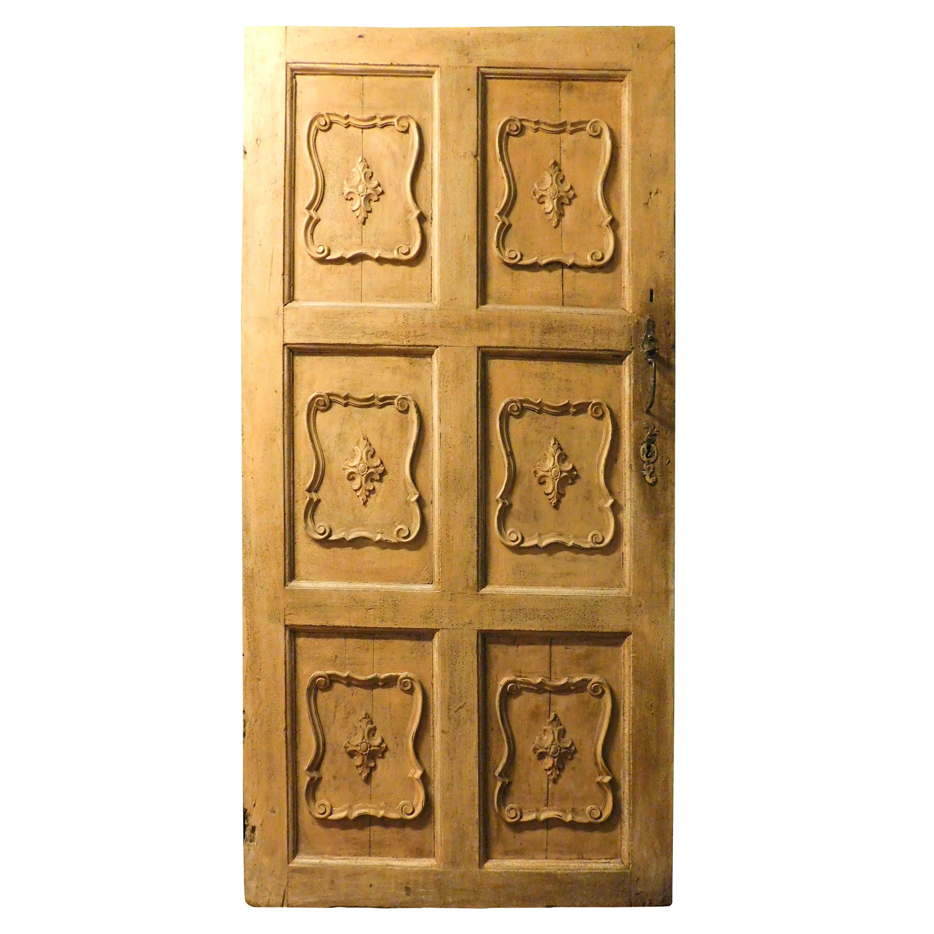 Lacquered Yellow Door with Carved Panels, 19th Century, Italy For Sale