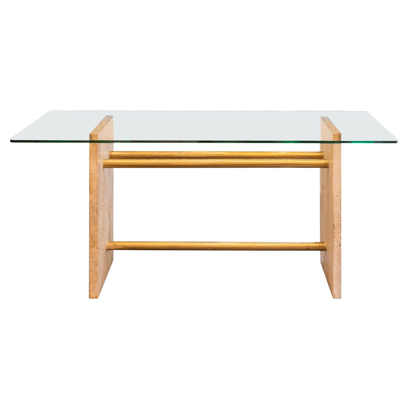 Table Desk, Roman Travertin, Glass and Gold Brass, circa 1970, France For Sale